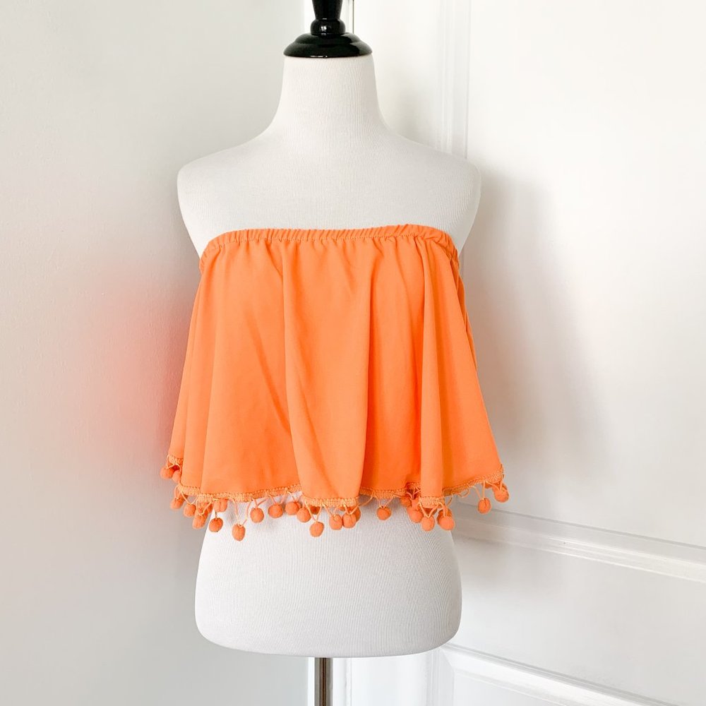 Show Me Your MuMu Orange Pom Pom Strapless Crop Top